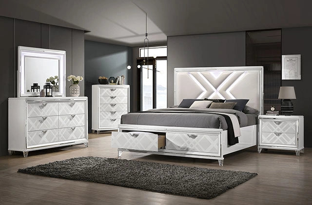 Juego de dormitorio Queen Emmeline de 4 y 5 piezas, gris y blanco