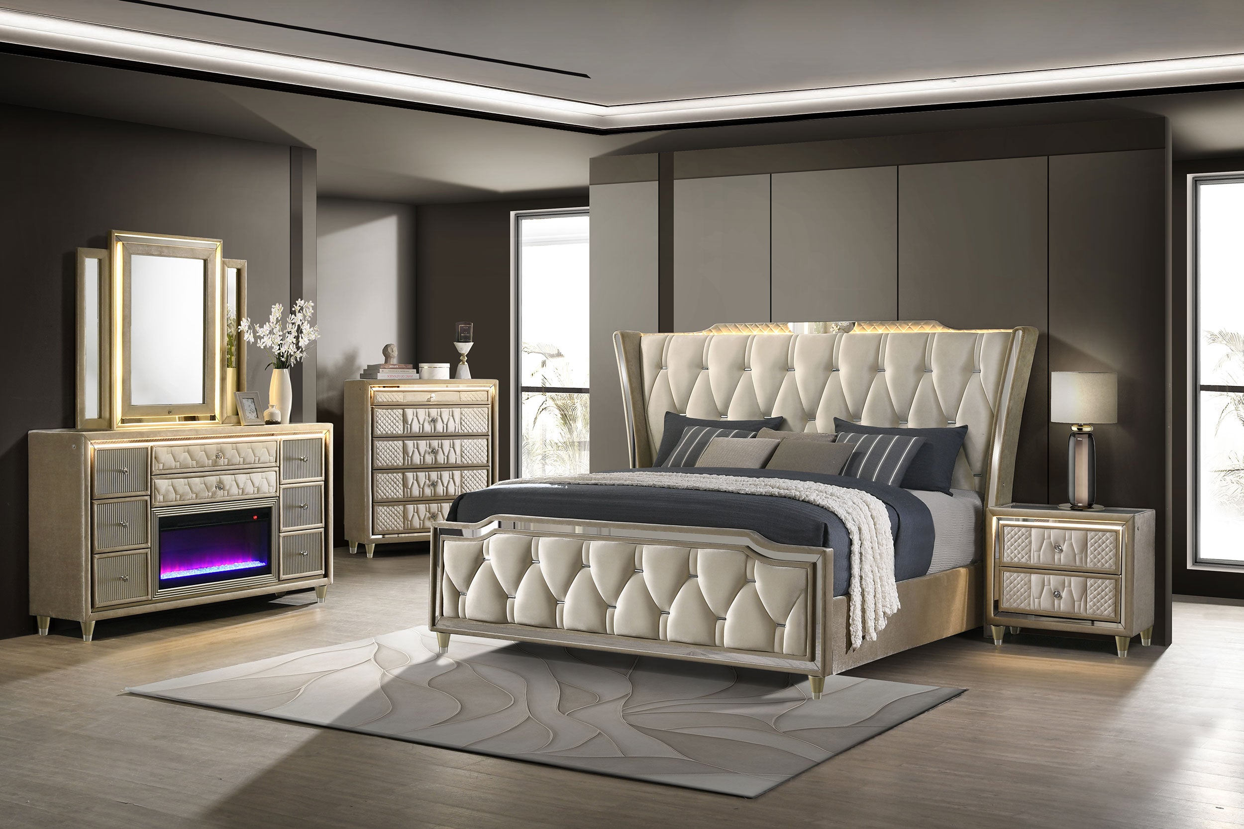 Cama con respaldo de ala Lorient con iluminación LED