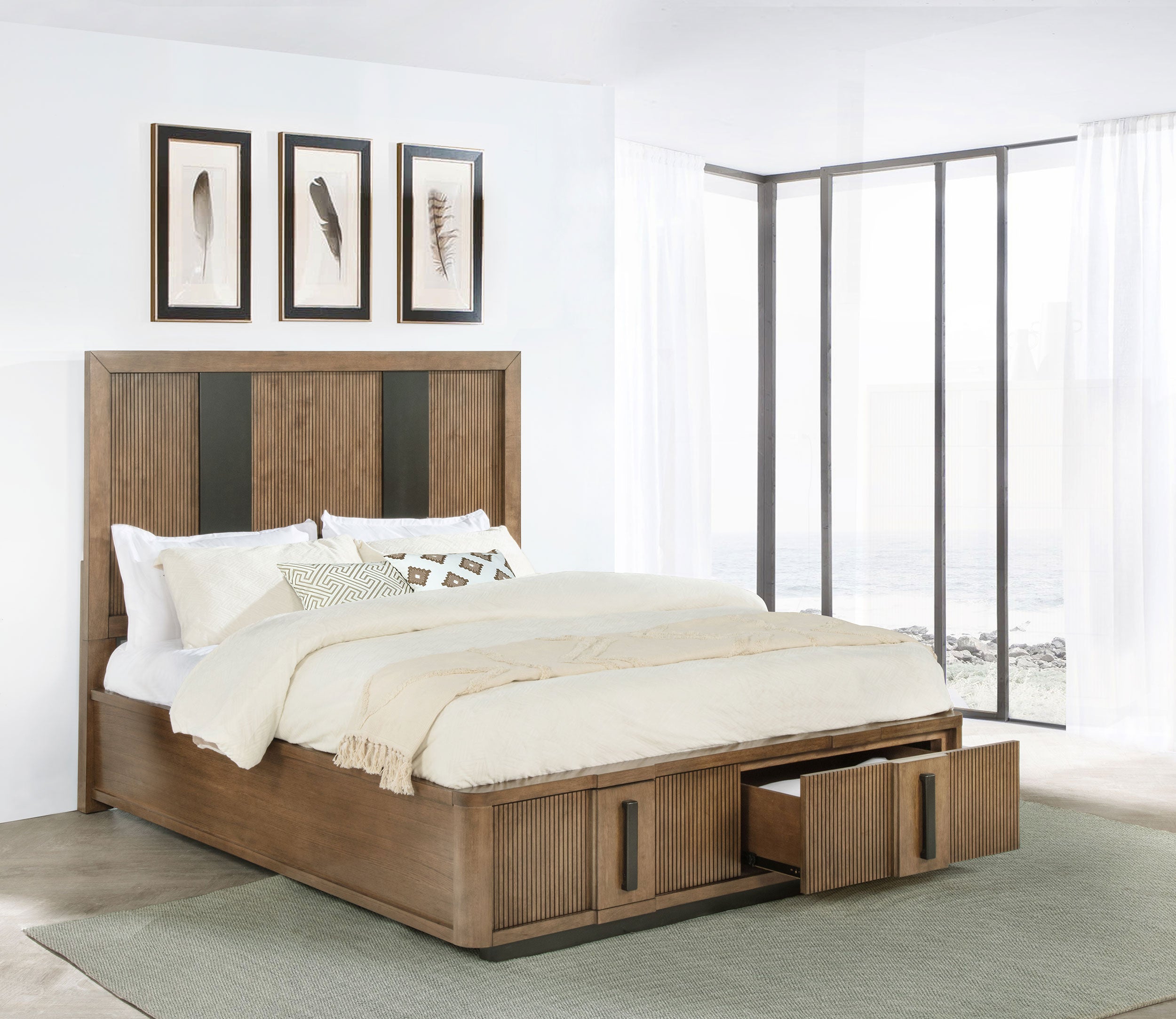Cama con almacenamiento de plataforma y panel tipo terraza