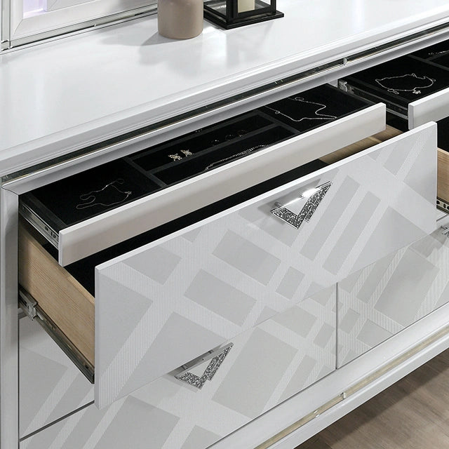 Juego de dormitorio Queen Emmeline de 4 y 5 piezas, gris y blanco