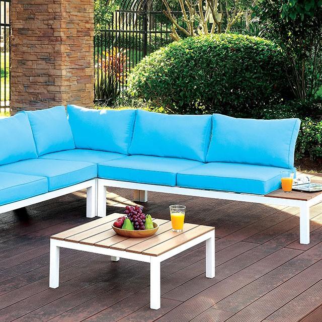 Seccional para Patio WINONA blanco/roble/azul con mesa
