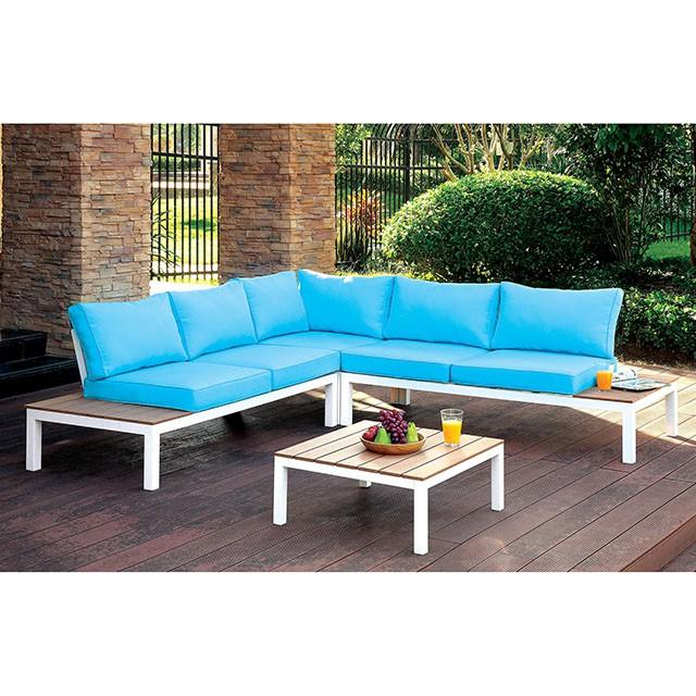 Seccional para Patio WINONA blanco/roble/azul con mesa