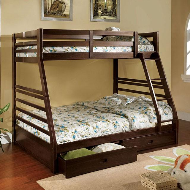 California II Cherry Twin/Full Bunk Bed w/ 2 Drawers Cherry, Walnut, Grey, &Oak
