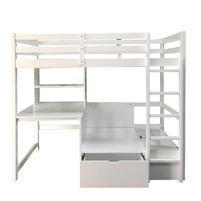 Cama alta con estación de trabajo doble CALLISTUS, blanco y gris