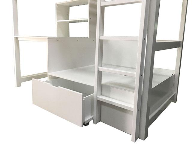 Cama alta con estación de trabajo doble CALLISTUS, blanco y gris