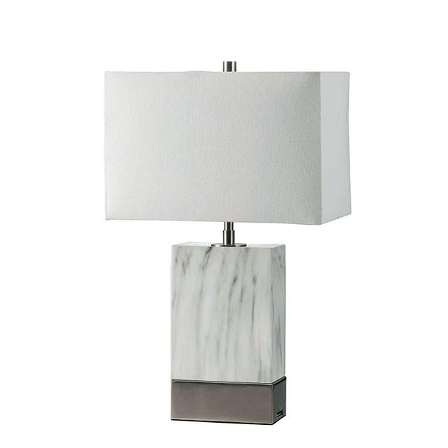 Lámpara de Mesa de Mármol Blanco/Plateado Faith de 20" de Alto con Base de Acero