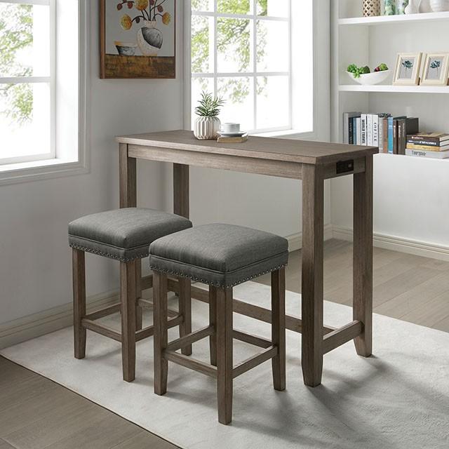 Juego de mesa de altura de mostrador de 3 piezas CAERLEON, gris cepillado con alambre
