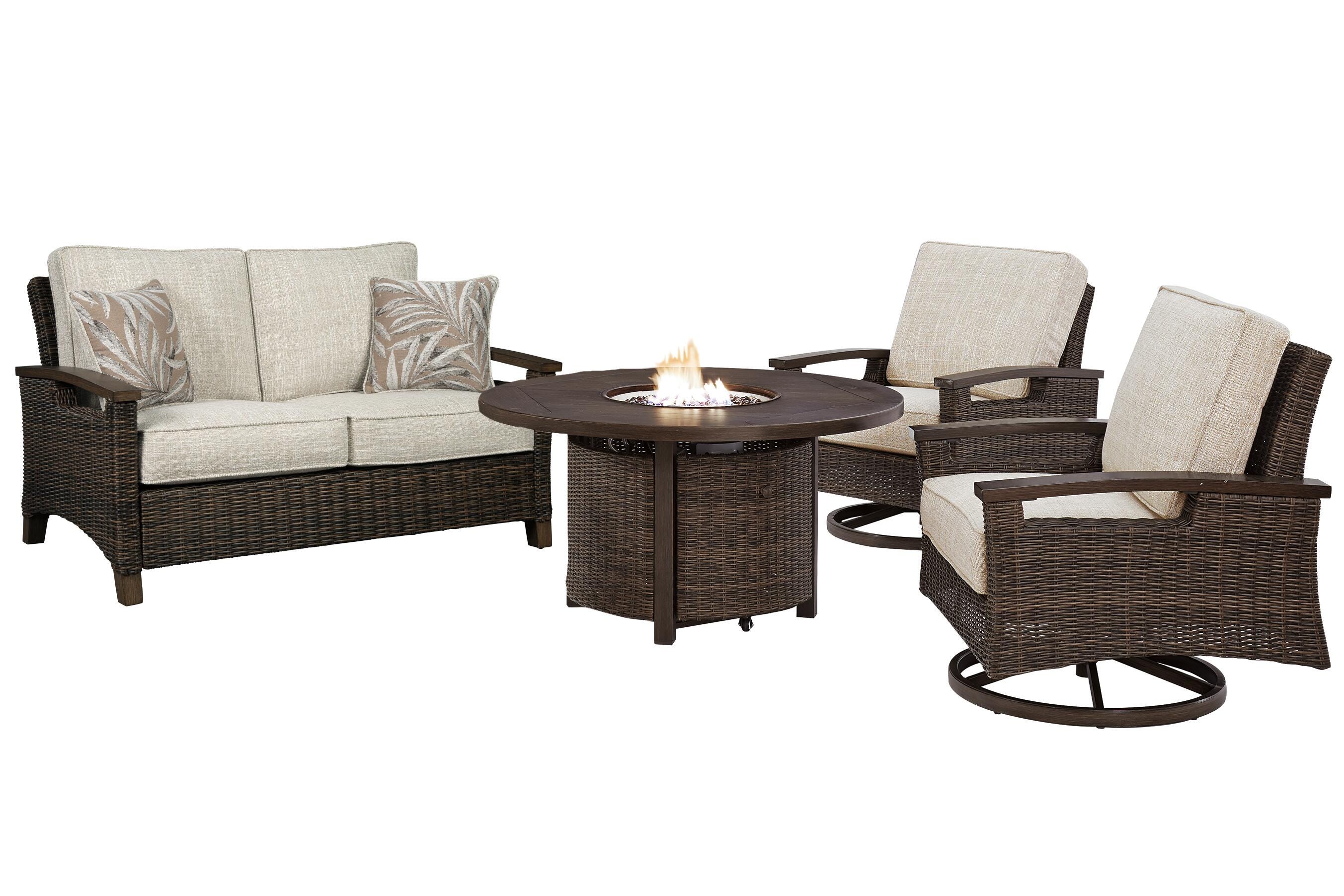Loveseat, sillones y mesa con fogón Paradise Trail para exteriores