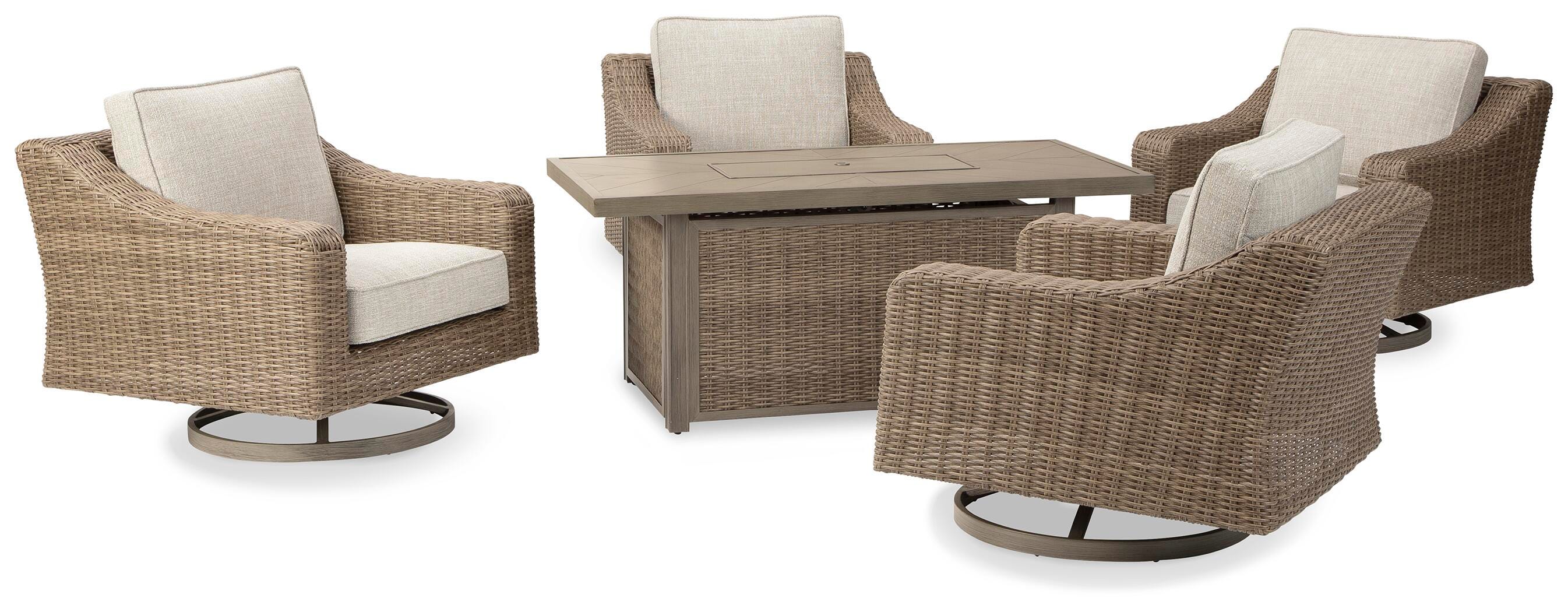 Mesa de fogata Beachcroft con cuatro sillones giratorios Nuvella