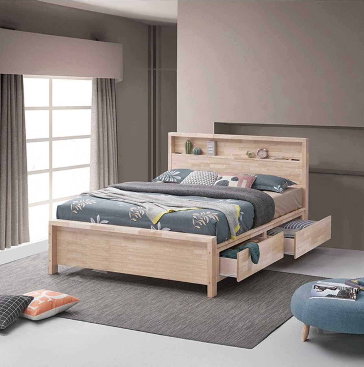 Cama matrimonial Grange - Madera lavada blanca