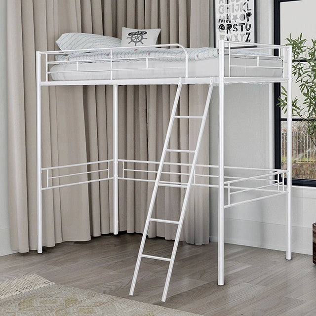 Cama alta doble Myles blanca, plateada y negra