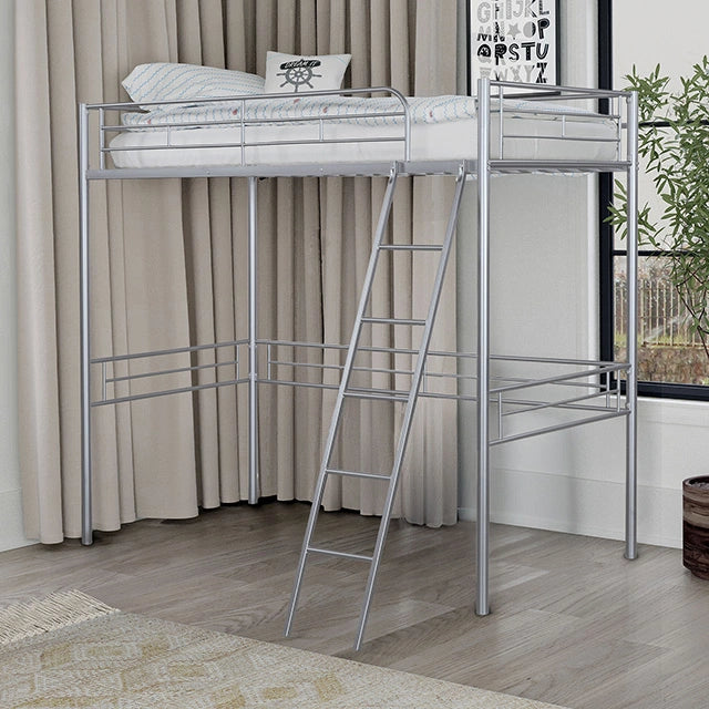 Cama alta doble Myles blanca, plateada y negra
