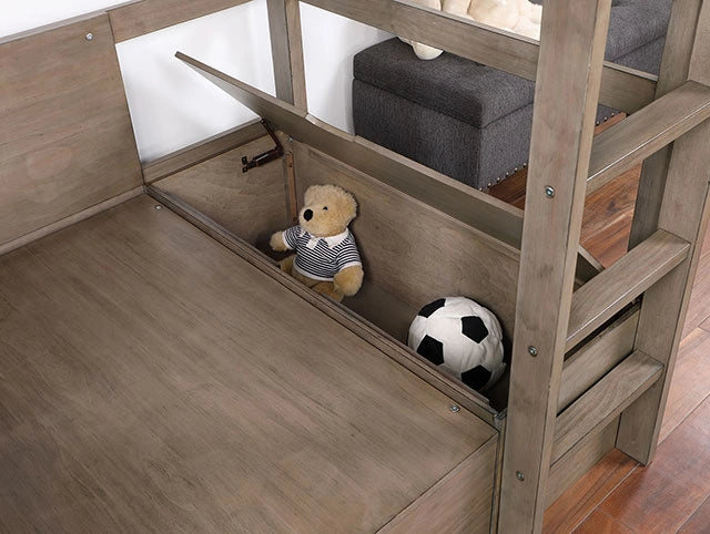Cama alta con estación de trabajo doble CALLISTUS, blanco y gris