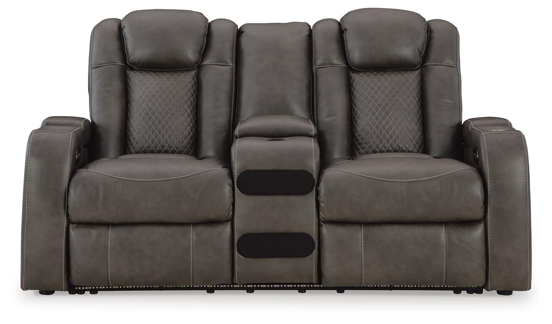 Sofá de dos plazas reclinable eléctrico Fyne-Dyme con consola
