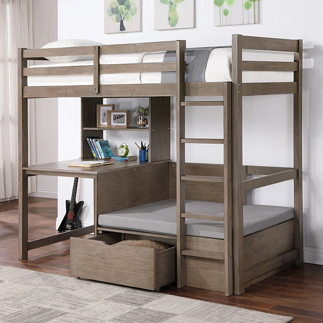 Cama alta con estación de trabajo doble CALLISTUS, blanco y gris