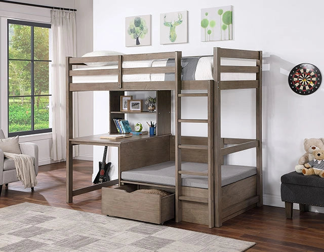 Cama alta con estación de trabajo doble CALLISTUS, blanco y gris