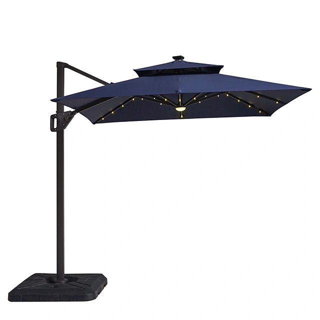 Sombrilla cuadrada Xico de 8 pies con doble techo y luz LED + base grande de 37"
