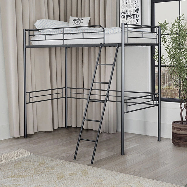 Cama alta doble Myles blanca, plateada y negra