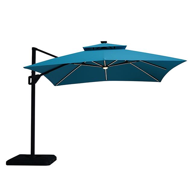 Sombrilla cuadrada Sano de 3,05 m con doble techo con luz LED + base grande de 94 cm