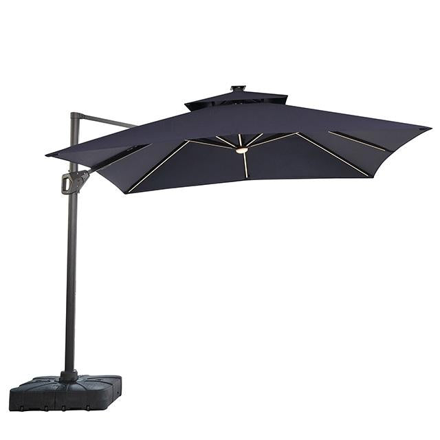 Sombrilla cuadrada Sano de 3,05 m con doble techo con luz LED + base grande de 94 cm