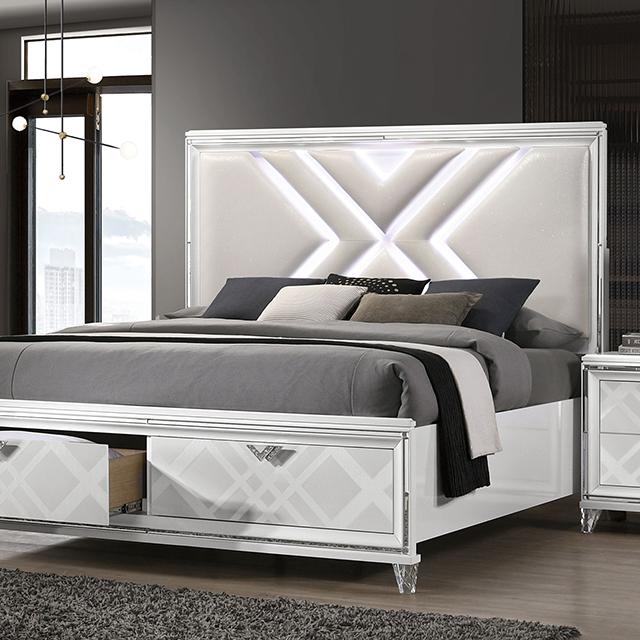 Juego de dormitorio Queen Emmeline de 4 y 5 piezas, gris y blanco