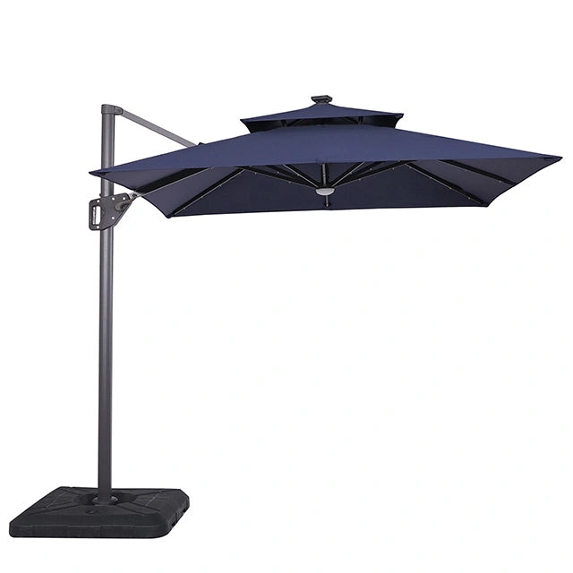 Sombrilla cuadrada Xico de 8 pies con doble techo y luz LED + base grande de 37"