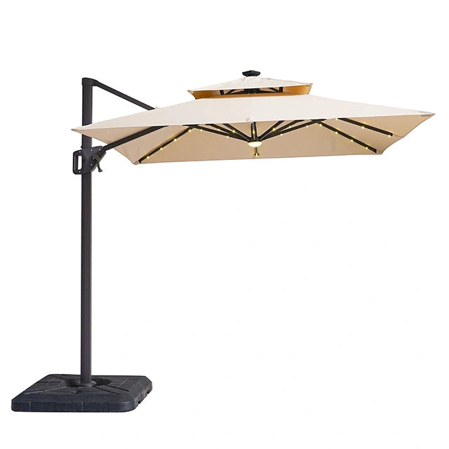 Sombrilla cuadrada Xico de 8 pies con doble techo y luz LED + base grande de 37"