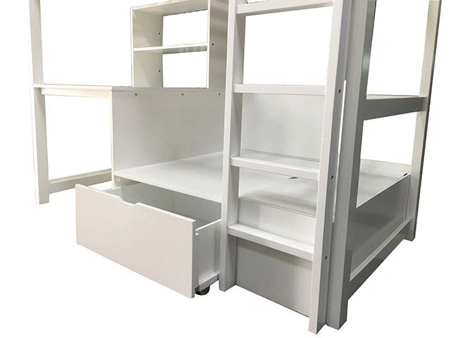 Cama alta con estación de trabajo doble CALLISTUS, blanco y gris