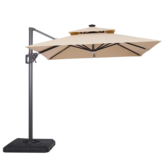 Sombrilla cuadrada Xico de 8 pies con doble techo y luz LED + base grande de 37"