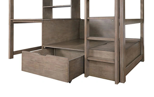 Cama alta con estación de trabajo doble CALLISTUS, blanco y gris