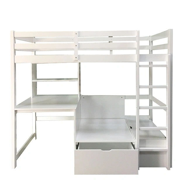 Cama alta con estación de trabajo doble CALLISTUS, blanco y gris