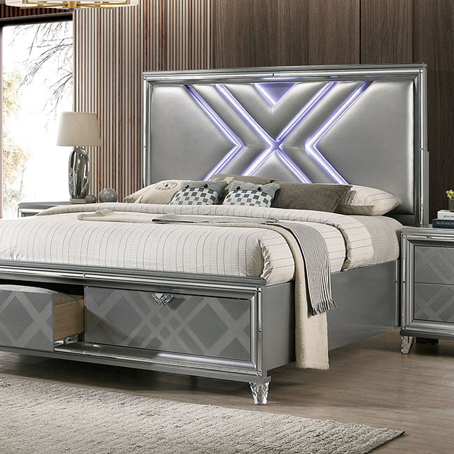 Juego de dormitorio Queen Emmeline de 4 y 5 piezas, gris y blanco